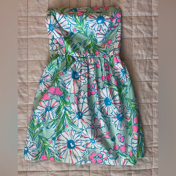 Lilly Pulitzer Vibrant Green Blue & Pink Floral Chandie Strapless Dress - Small - Picture 1 of 10